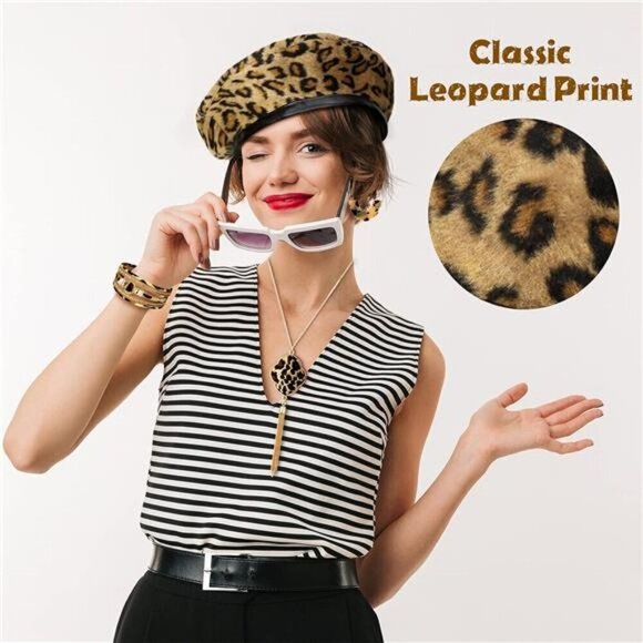 Chic Leopard Print Beret and Jewelry Set French Beret Earrings Bracelet Necklace - Picture 2 of 6